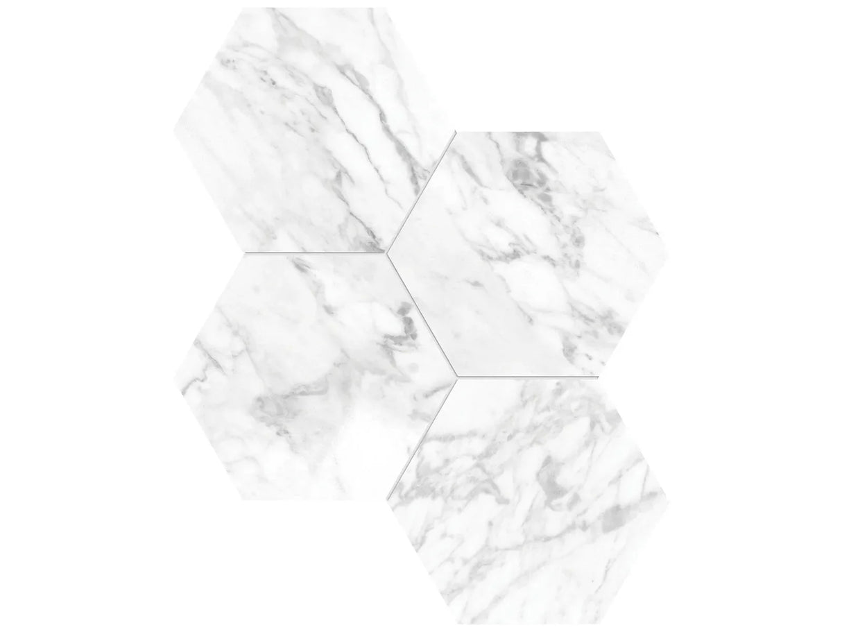 Anatolia Tile 6" Hexagon La Marca Statuarietto Honed & Rectified Porcelain Mosaic - 1 Sheet = .797 - 4501-0332-0" Statuarietto 6" Hexagon Honed - premium natural stone mosaic tile from Anatolia Tile, available at PoshHaus showroom in Keene, NH