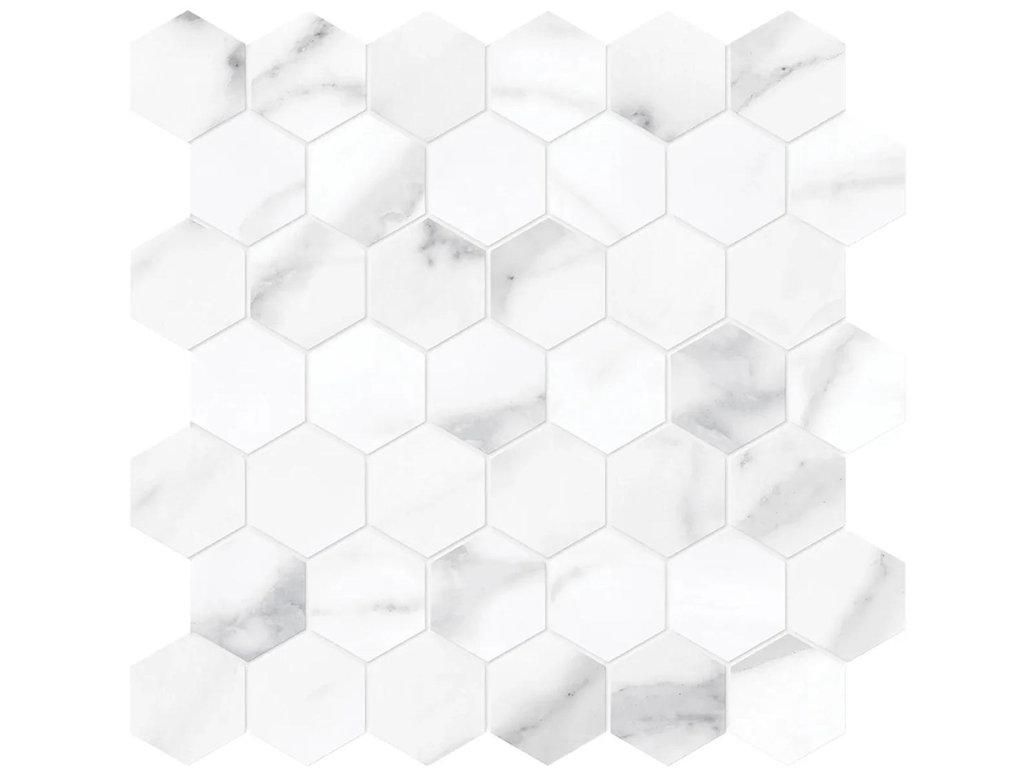 Anatolia Tile La Marca 2 Inch Hexagon Statuario Honed Porcelain Mosaics. 1 Sheet = .96 Sq. Ft. 4501-0356-0 Statuario Nuovo 2" Hexagon Honed - premium natural stone mosaic tile from Anatolia Tile, available at PoshHaus showroom in Keene, NH