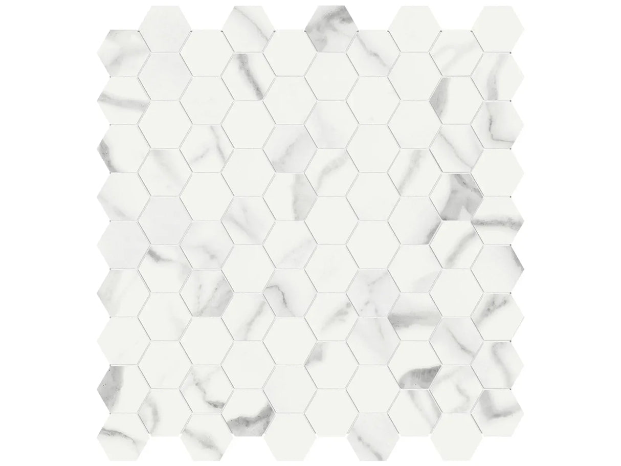 Anatolia Tile 1.25 Inch Mayfair Statuario Venato Polished Porcelain Hexagon Mosaics. 1 Sheet = .97 Sq. Ft. 4501-0147-1 Statuario Venato 1.25" Hexagon - premium natural stone mosaic tile from Anatolia Tile, available at PoshHaus showroom in Keene, NH