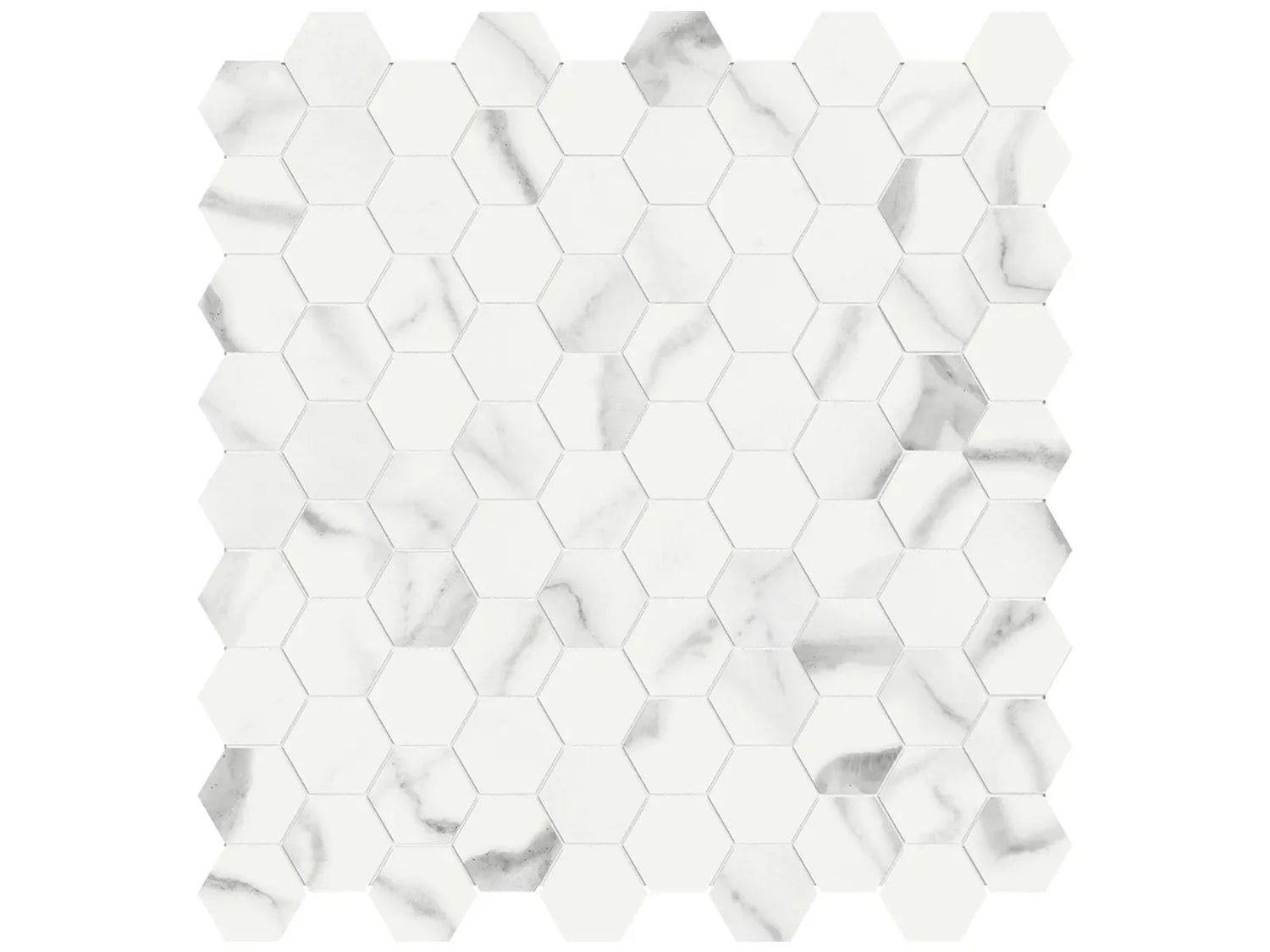 Anatolia Tile 1.25 Inch Mayfair Statuario Venato Polished Porcelain Hexagon Mosaics. 1 Sheet = .97 Sq. Ft. 4501-0147-1 Statuario Venato 1.25" Hexagon - premium natural stone mosaic tile from Anatolia Tile, available at PoshHaus showroom in Keene, NH