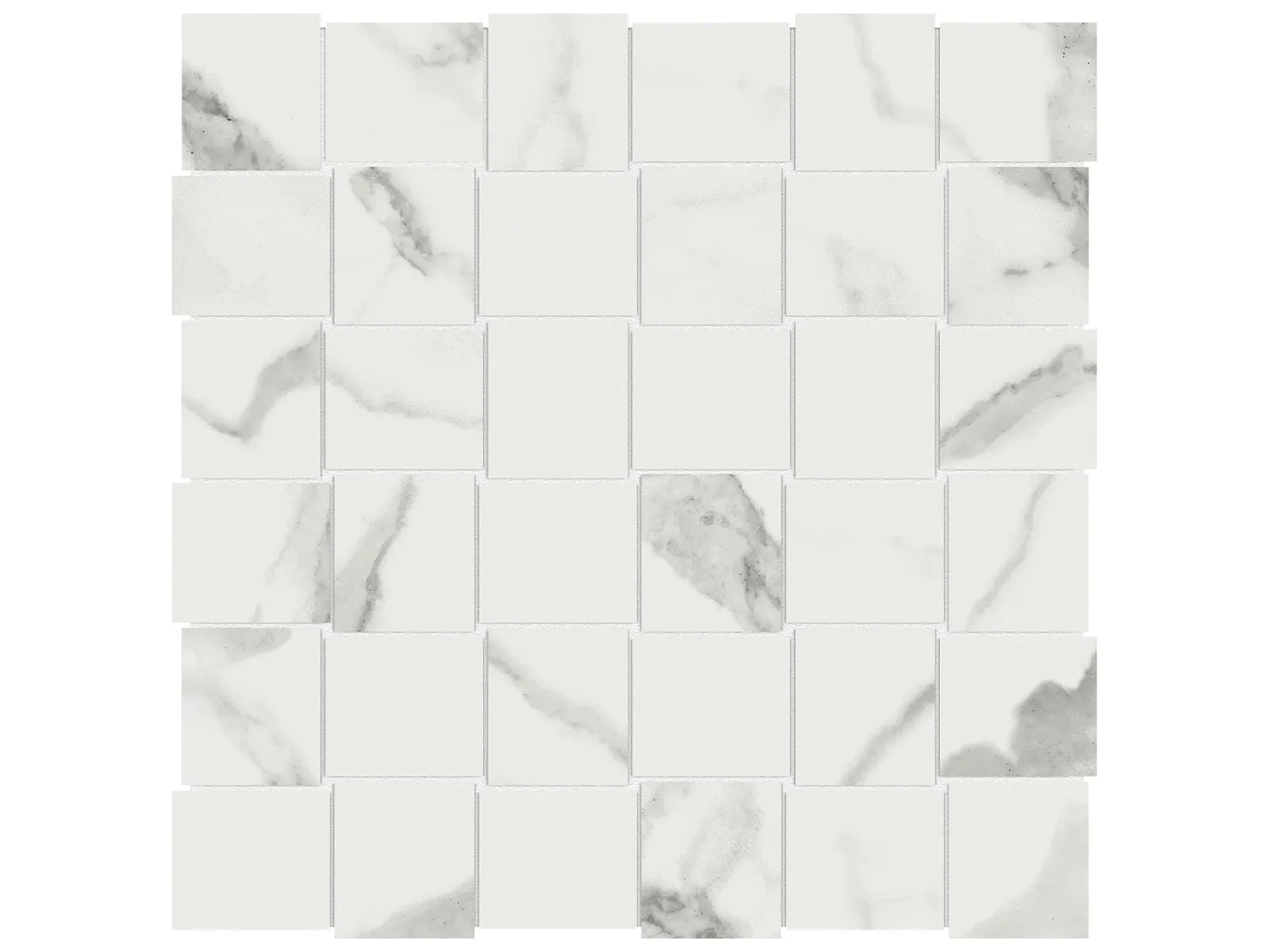 Anatolia Tile 2X2 Basketweave Mayfair Statuario Venato Polished Porcelain Mosaics. 1 Sheet = .98 Sq. Ft. 4501-0140-1 Statuario Venato 2x2 Basketweave Polished - premium natural stone mosaic tile from Anatolia Tile, available at PoshHaus showroom in Keene, NH