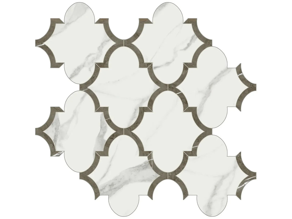 Anatolia Tile Mayfair Statuario Venato Arabesque Polished Porcelain Mosaics. 1 Sheet = .97 Sq. Ft. 4501-0129-1 Statuario Venato Arabesque - premium natural stone mosaic tile from Anatolia Tile, available at PoshHaus showroom in Keene, NH