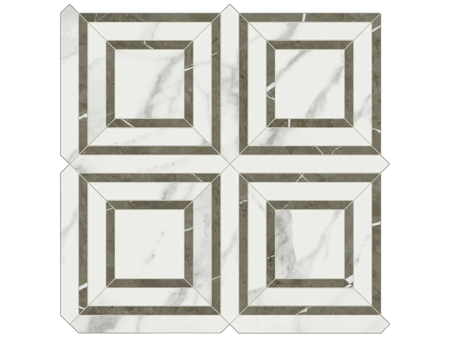 Anatolia Tile Mayfair Statuario Venato Piazza Polished Porcelain Mosaics. 1 Sheet = .96 Sq. Ft. 4501-0154-1 Statuario Venato Piazza - premium natural stone mosaic tile from Anatolia Tile, available at PoshHaus showroom in Keene, NH