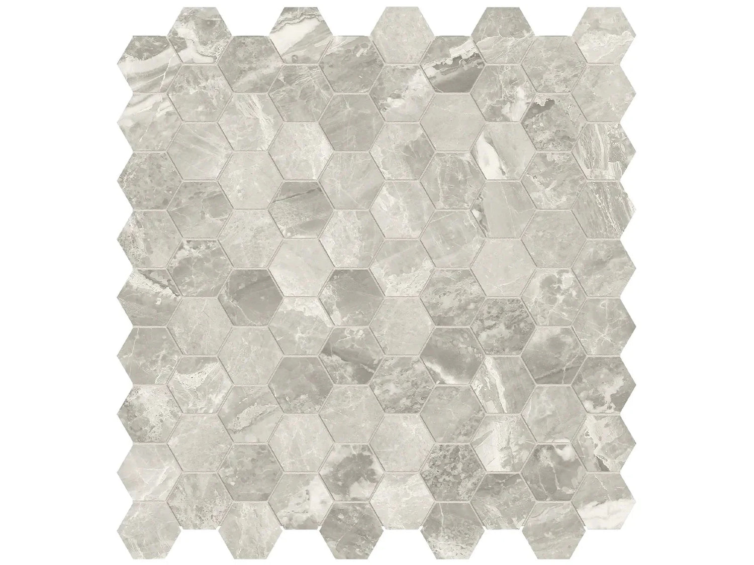 Anatolia Tile 1.25 Inch Mayfair Stella Agento Polished Porcelain Hexagon Mosaics. 1 Sheet = .97 Sq. Ft. 4501-0148-1 Stella Argento 1.25" Hexagon - premium natural stone mosaic tile from Anatolia Tile, available at PoshHaus showroom in Keene, NH