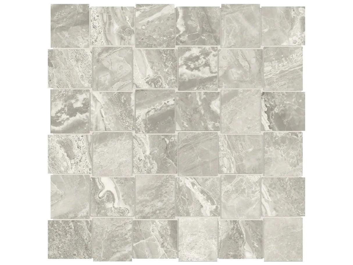 Anatolia Tile 2X2 Basketweave Mayfair Stella Agento Polished Porcelain Mosaics. 1 Sheet = .98 Sq. Ft. 4501-0141-1 Stella Argento 2x2 Basketweave Matte - premium natural stone mosaic tile from Anatolia Tile, available at PoshHaus showroom in Keene, NH