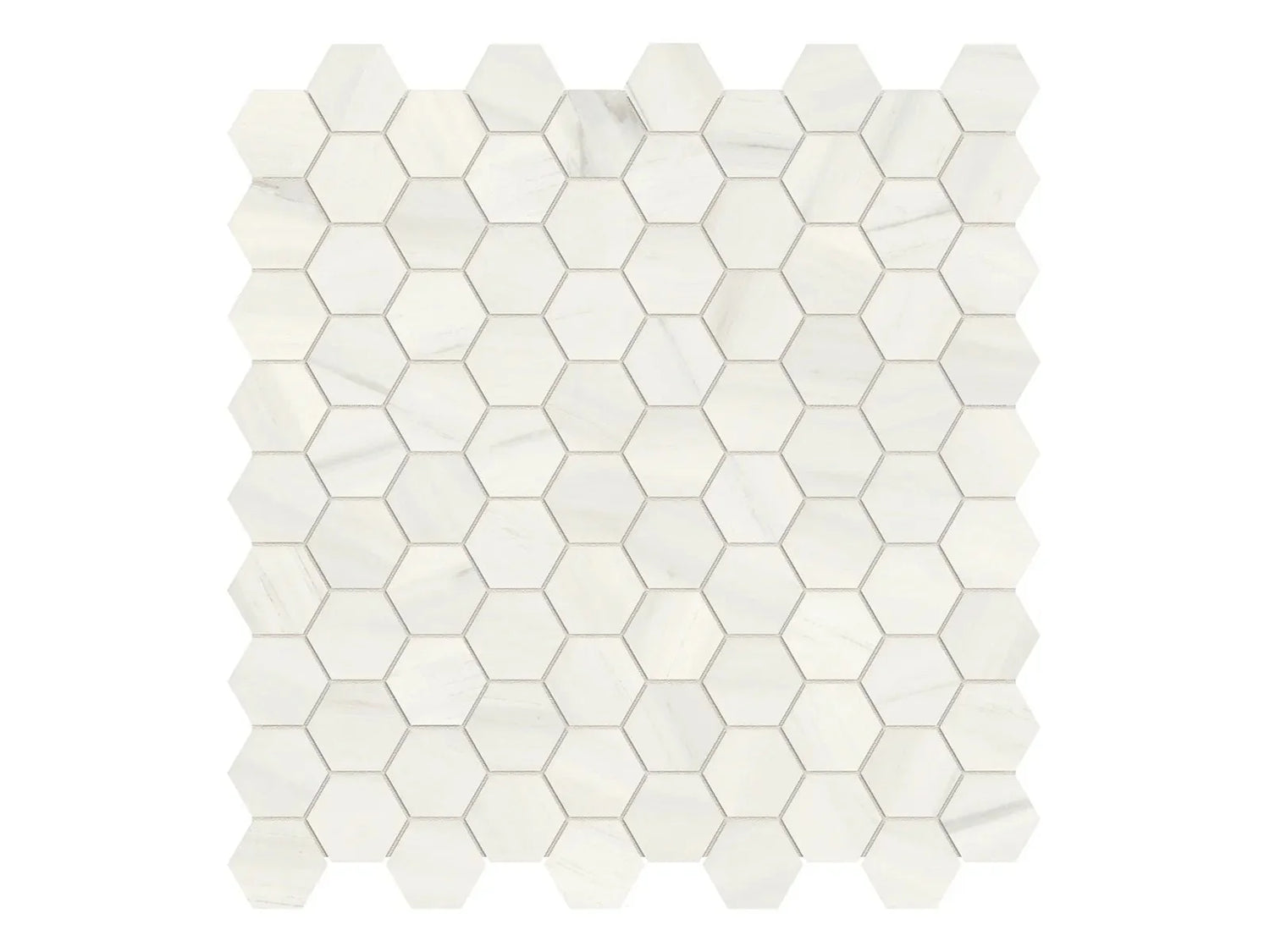 Anatolia Tile 1.25 Inch Mayfair Suave Bianco Polished Porcelain Hexagon Mosaics. 1 Sheet = .97 Sq. Ft. 4501-0150-1 Suave Bianco 1.25" Hexagon - premium natural stone mosaic tile from Anatolia Tile, available at PoshHaus showroom in Keene, NH