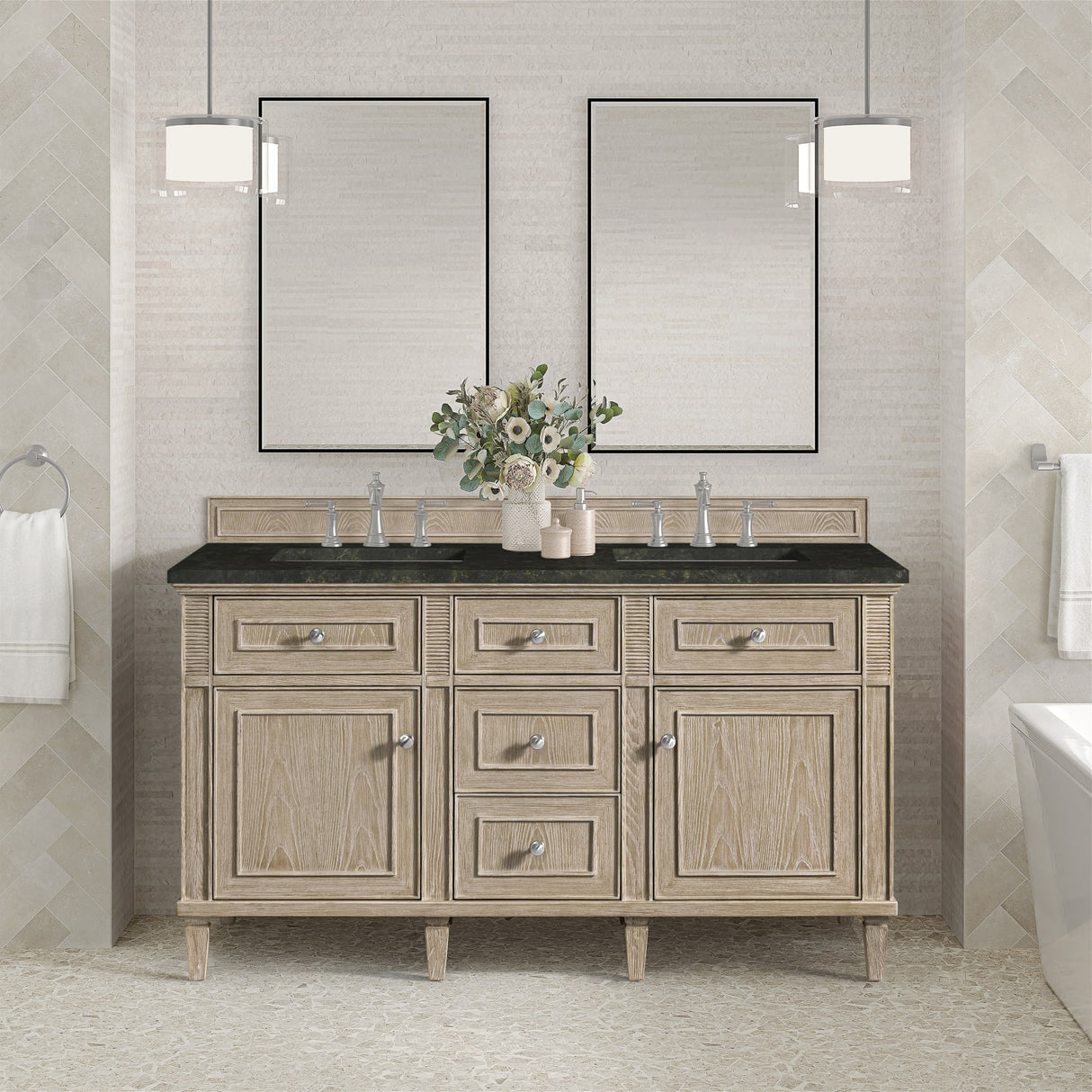 Lorelai 60" Double Vanity, Whitewashed Oak, w/ 3 CM Phantome Eclos Top