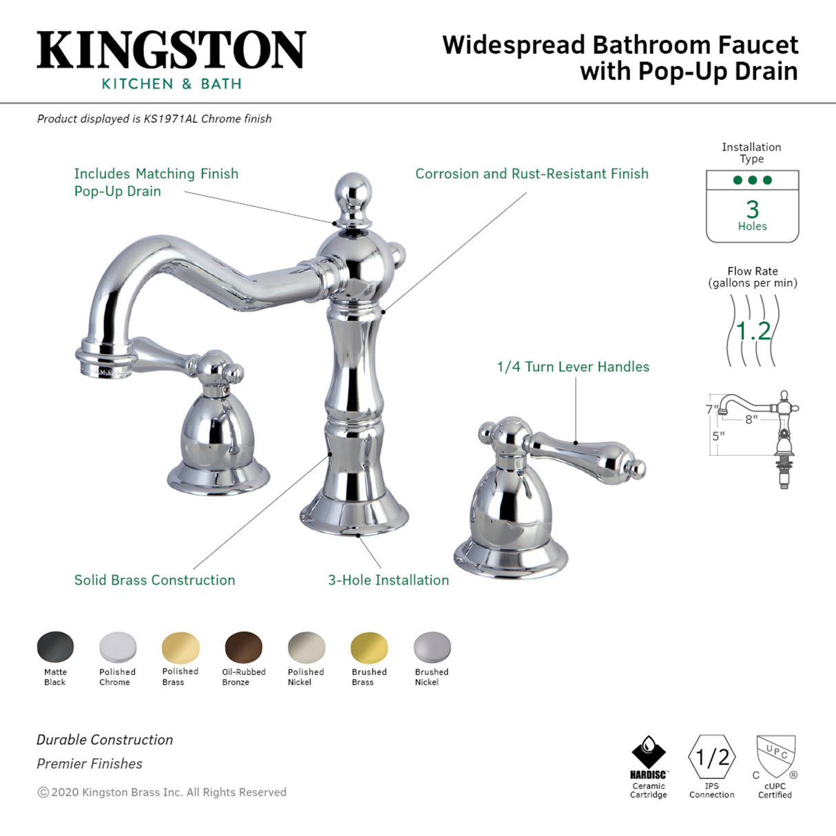 Kingston Brass KS1977AL 8 in. Widespread Bathroom Faucet, Brushed Brass