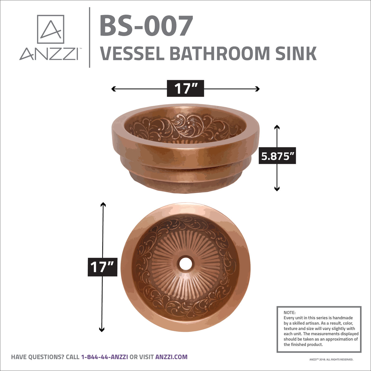 ANZZI BS-007 Thessaly 17 in. Handmade Vessel Sink in Polished Antique Copper with Floral Design Interior