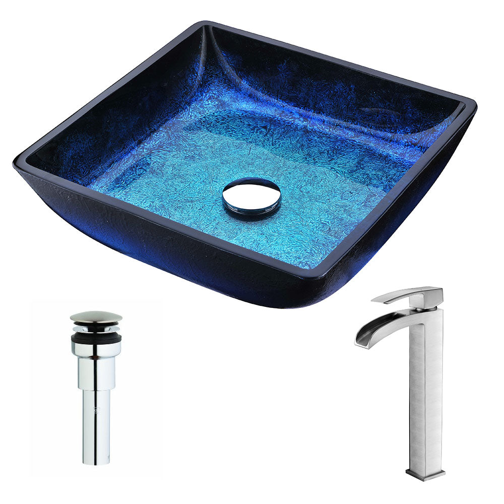 ANZZI LSAZ056-097B Viace Series Deco-Glass Vessel Sink in Blazing Blue with Key Faucet in Brushed Nickel