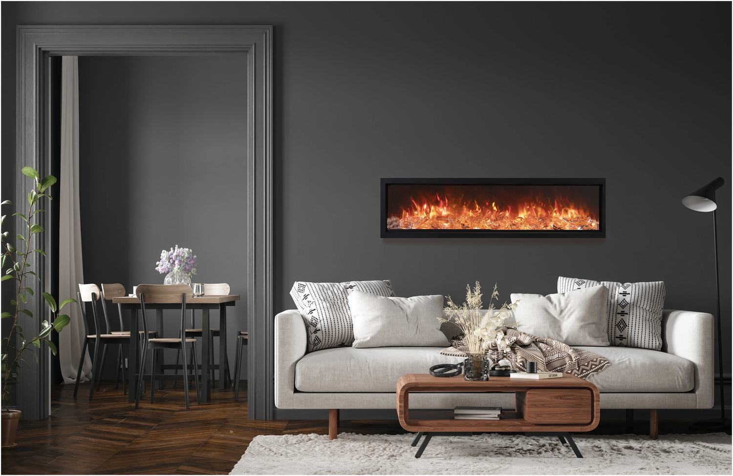 Amantii SYM-50-BESPOKE Symmetry Bespoke - 50" Indoor / Outdoor Electric Built In Fireplace featuring, WiFi Compatibilty & Bluetooth Connectivity, MultiFunction Remote, and a Selection of Media Options