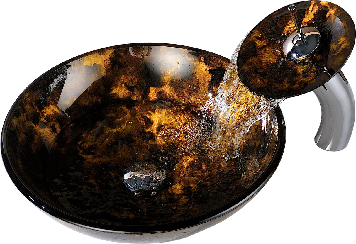 ANZZI LS-AZ8102 Toa Series Deco-Glass Vessel Sink in Kindled Amber with Matching Chrome Waterfall Faucet