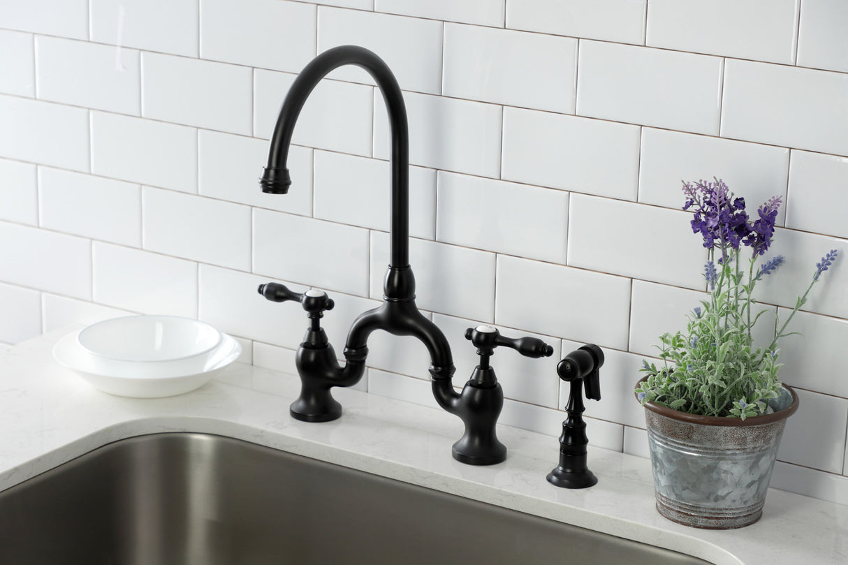 Kingston Brass KS7790TALBS Tudor Bridge Kitchen Faucet with Brass Sprayer, Matte Black