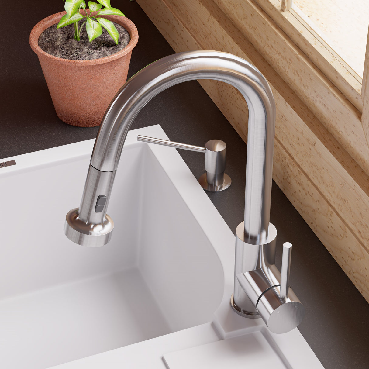 Brushed Nickel Sensor Gooseneck Pull Down Kitchen Faucet