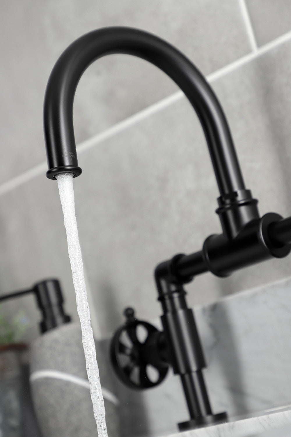 Kingston Brass KS2170RX Belknap Industrial Style Wheel Handle Bridge Bathroom Faucet with Pop-Up Drain, Matte Black