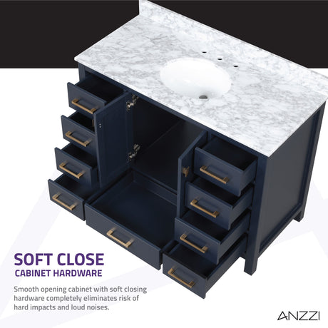 ANZZI VT-MRCT0048-NB Chateau 48 in. W x 22 in. D Bathroom Bath Vanity Set in Navy Blue with Carrara Marble Top with White Sink