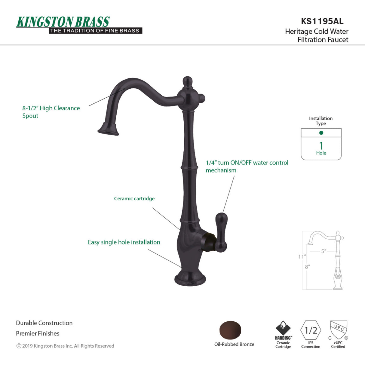 Kingston Brass KS1195AL Heritage Cold Water Filtration Faucet, Oil Rubbed Bronze