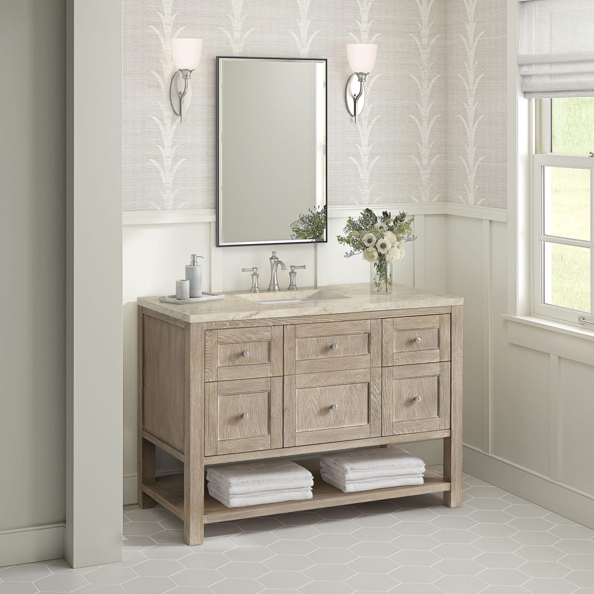 Breckenridge 48" Single Vanity, Whitewashed Oak, w/ 3 CM Tajnar Eclos Top w/FreePower Wireless Charger
