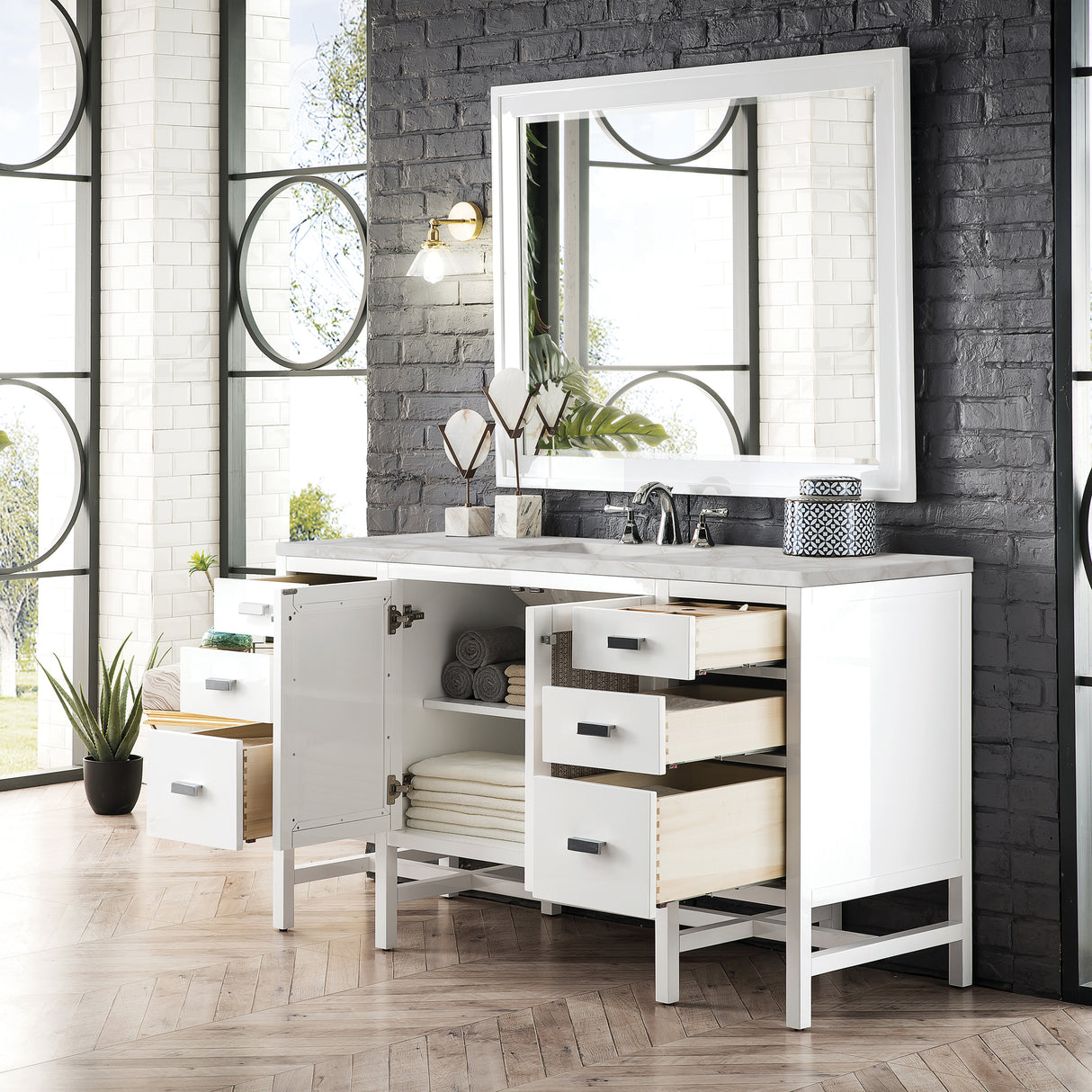 Addison 60" Single Vanity, Glossy White w/ 3 CM Victorian Silver Silestone Top