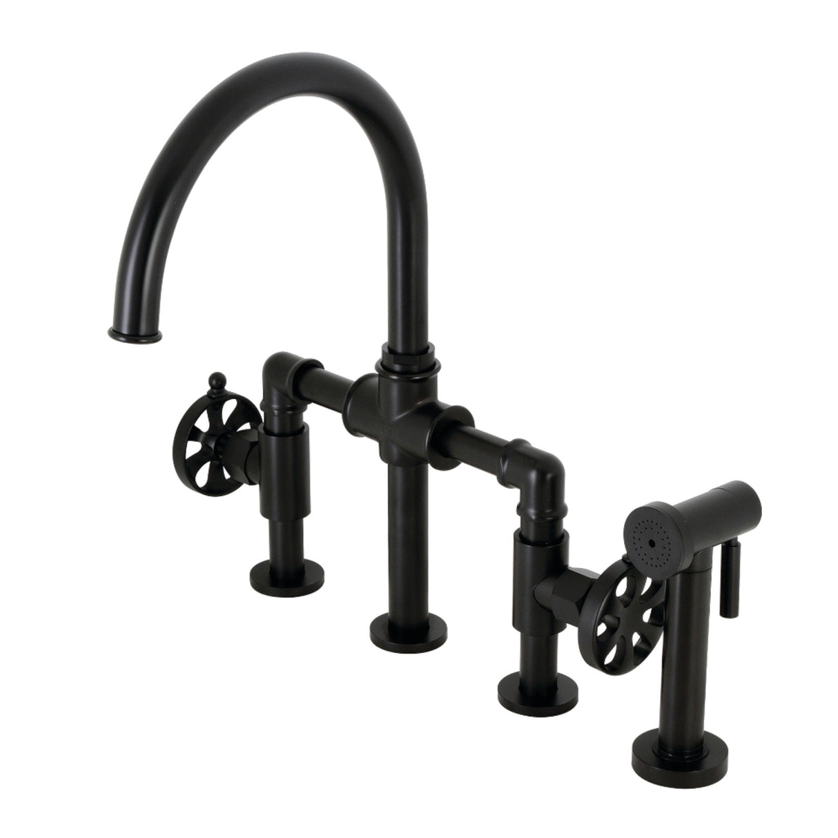 Kingston Brass KS2330RX Belknap Industrial Style Bridge Kitchen Faucet with Brass Sprayer, Matte Black