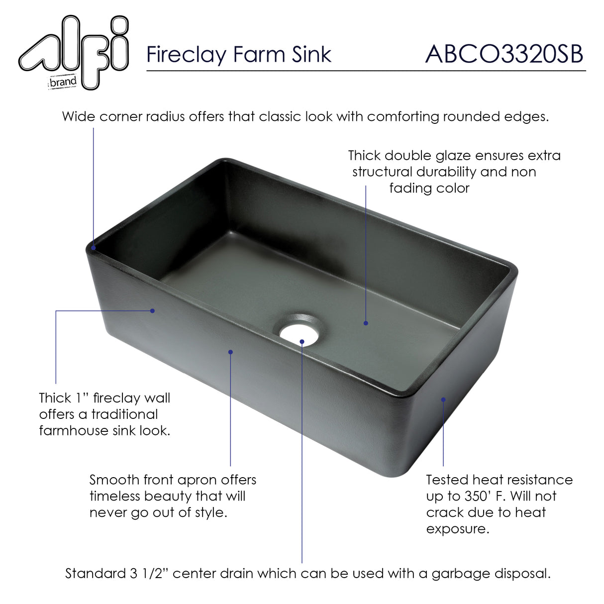 ALFI brand ABCO3320SB Concrete Color 33 inch Reversible Single Fireclay Farmhouse Kitchen Sink