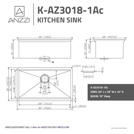 ANZZI K-AZ3018-1Ac Aegis Undermount Stainless Steel 30 in. 0-Hole Single Bowl Kitchen Sink with Cutting Board and Colander