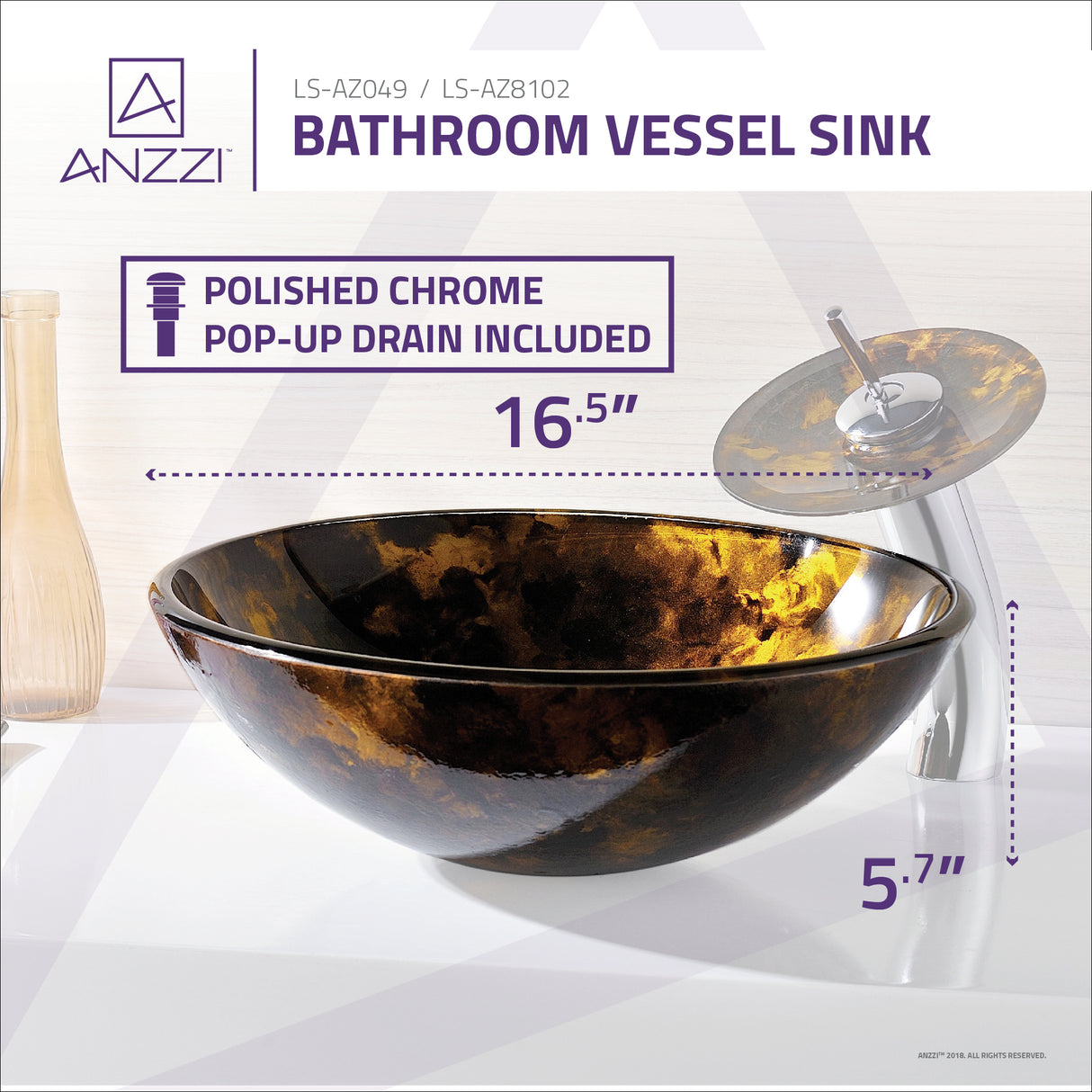 ANZZI LS-AZ8102 Toa Series Deco-Glass Vessel Sink in Kindled Amber with Matching Chrome Waterfall Faucet