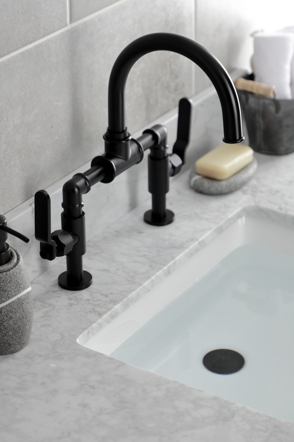 Kingston Brass KS2170KL Whitaker Industrial Style Bridge Bathroom Faucet with Pop-Up Drain, Matte Black