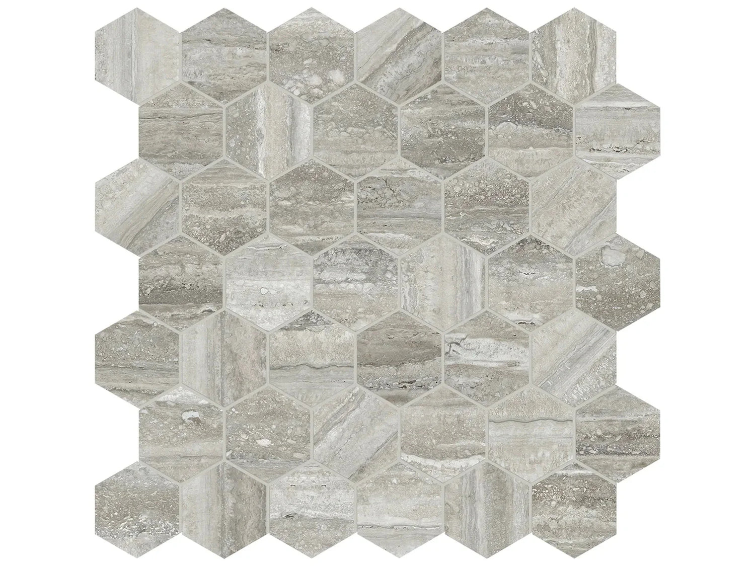 Anatolia Tile La Marca 2 Inch Hexagon Traventino Honed Porcelain Mosaics. 1 Sheet = .96 Sq. Ft. 4501-0355-0 Travertino Instrata 2" Hexagon Honed - premium natural stone mosaic tile from Anatolia Tile, available at PoshHaus showroom in Keene, NH