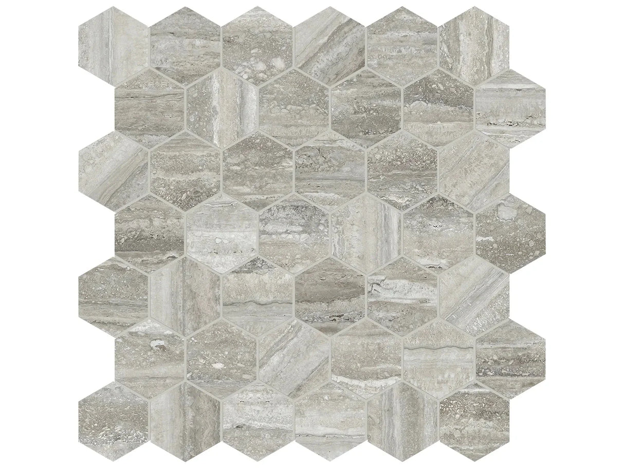 Anatolia Tile La Marca 2 Inch Hexagon Travertino Polished Porcelain Mosaics. 1 Sheet = .96 Sq. Ft. 4501-0346-0 Travertino Instrata 2" Hexagon Polished - premium natural stone mosaic tile from Anatolia Tile, available at PoshHaus showroom in Keene, NH