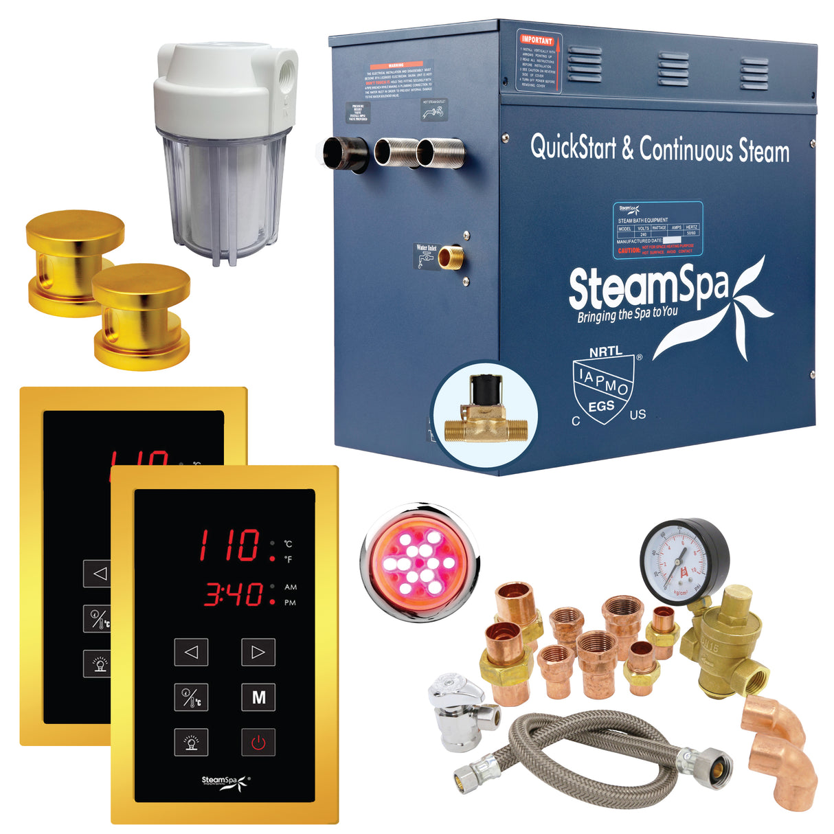 SteamSpa Executive 10.5 KW QuickStart Acu-Steam Bath Generator Package with Built-in Auto Drain and Install Kit in Gold | Steam Generator Kit with Dual Control Panel Steamhead 240V | EXT1050GD-A EXT1050GD-A