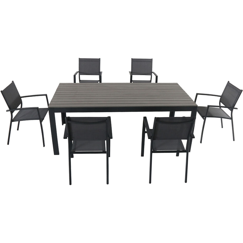 Hanover TUCSDN7PC-GRY Tucson7pc: 6 Aluminum Sling Chairs, Faux Wood Dining Table
