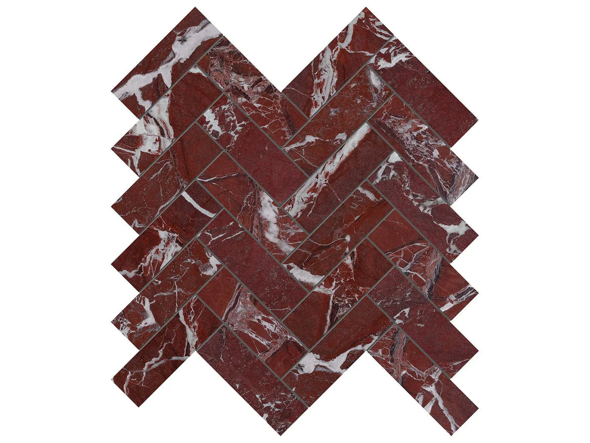 Anatolia Tile 1.25X4 Tuscano Rosso Herringbone Polished Marble Mosaic 5001-0365-0 * 1 Sheet = .89 Sqft * Tuscano Rosso Herringbone 1.25x4 - premium natural stone mosaic tile from Anatolia Tile, available at PoshHaus showroom in Keene, NH