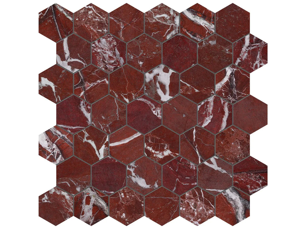 Anatolia Tile 2" Hex Tuscano Rosso Polished Marble Mosaic 5001-0364-0 * 1 Sheet = .99 Sqft * Tuscano Rosso Hexagon 2" - premium natural stone mosaic tile from Anatolia Tile, available at PoshHaus showroom in Keene, NH