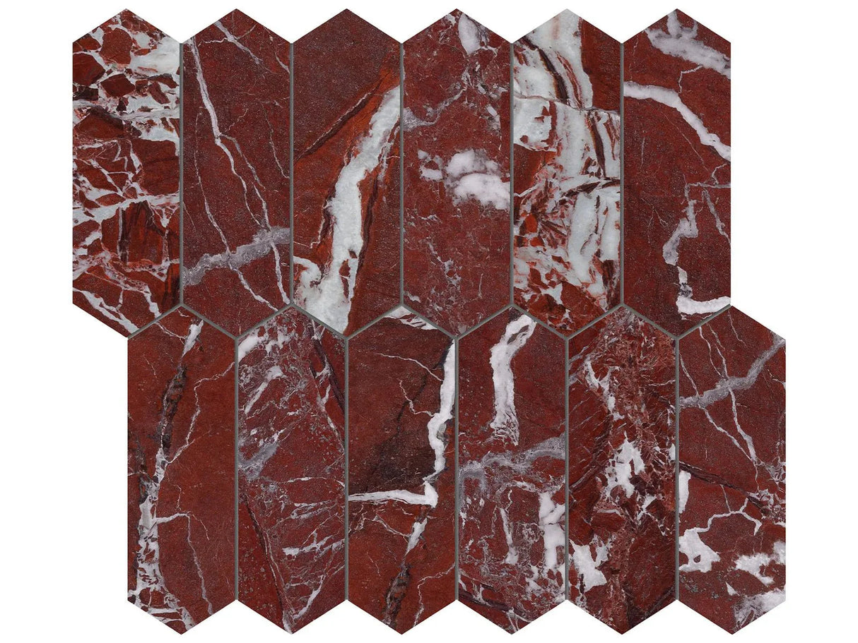 Anatolia Tile 2X6 Tuscano Rosso Picket Polished Marble Mosaic 5001-0366-0 * 1 Sheet = .87 Sqft * Tuscano Rosso Picket 2x6 - premium natural stone mosaic tile from Anatolia Tile, available at PoshHaus showroom in Keene, NH