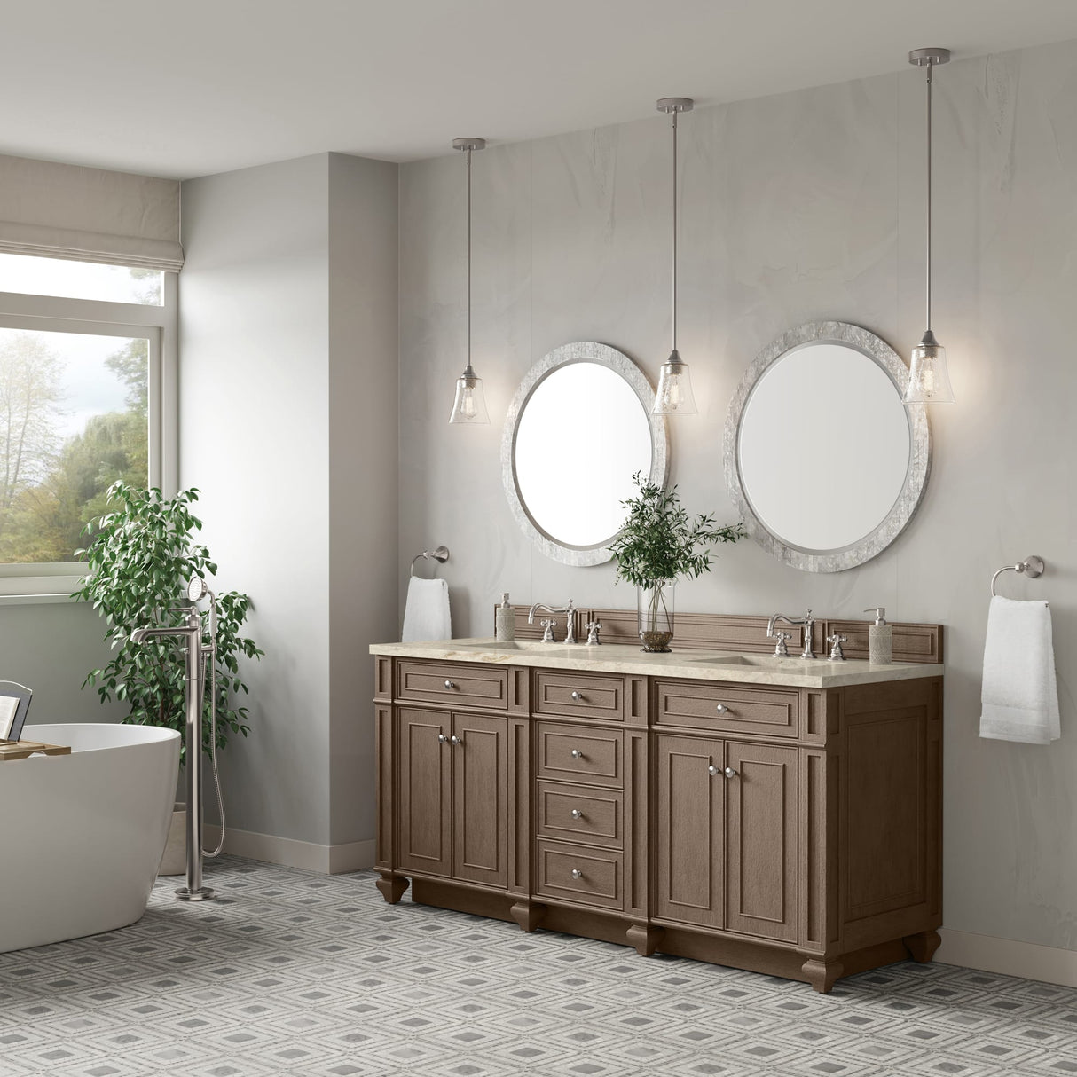 Bristol 72" Double Vanity, Whitewashed Walnut, w/ 3 CM Tajnar Eclos Top w/FreePower Wireless Charger