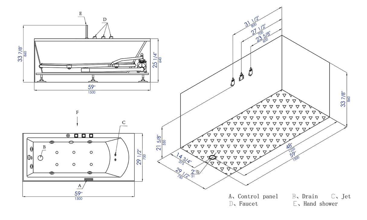 EAGO AM154ETL-L5 5 ft Acrylic White Rectangular Whirlpool Bathtub w Fixtures