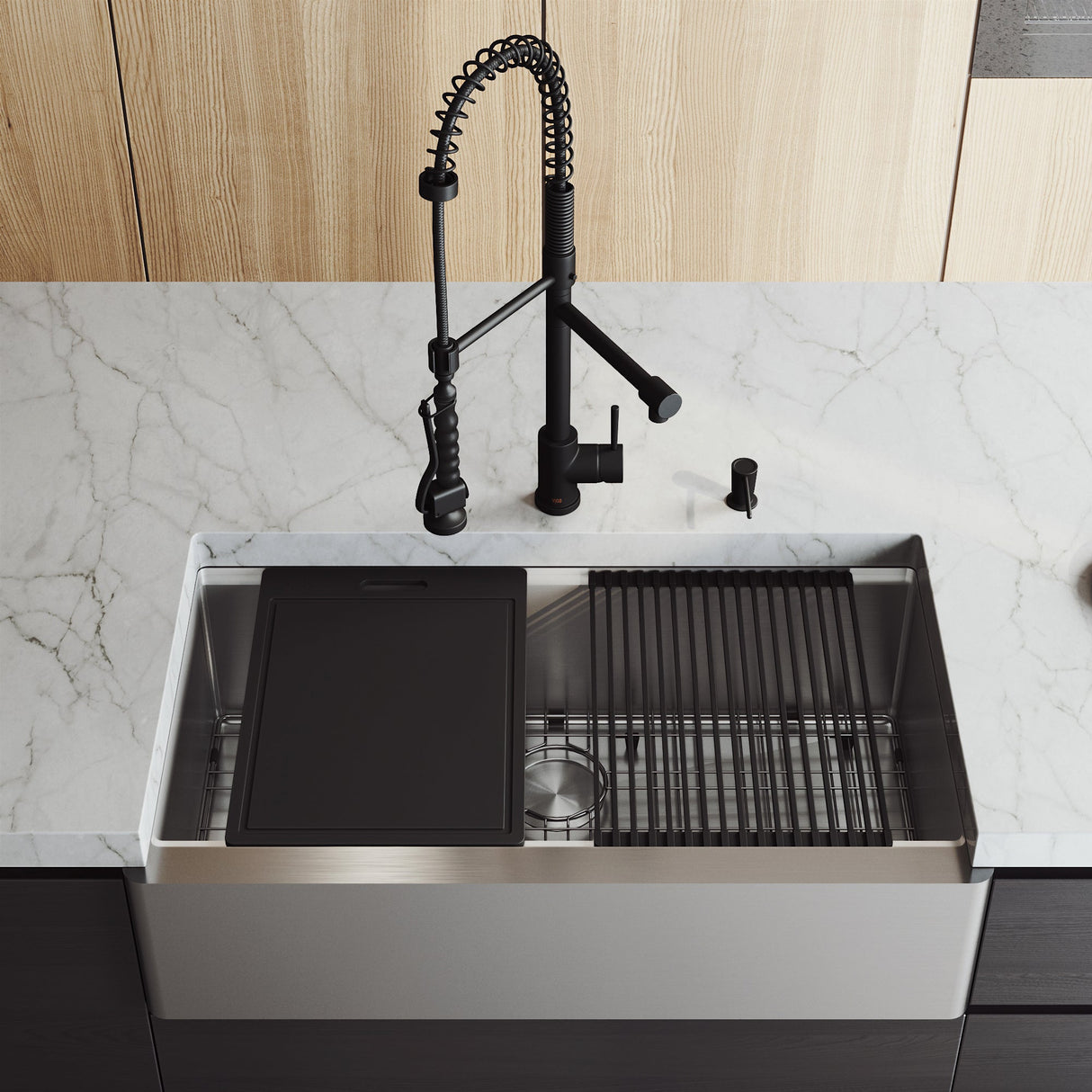 VIGO 36" Oxford Stainless Steel Flat Apron Kitchen Sink Workstation with Matte Black Zurich Faucet and Soap Dispenser VG15918