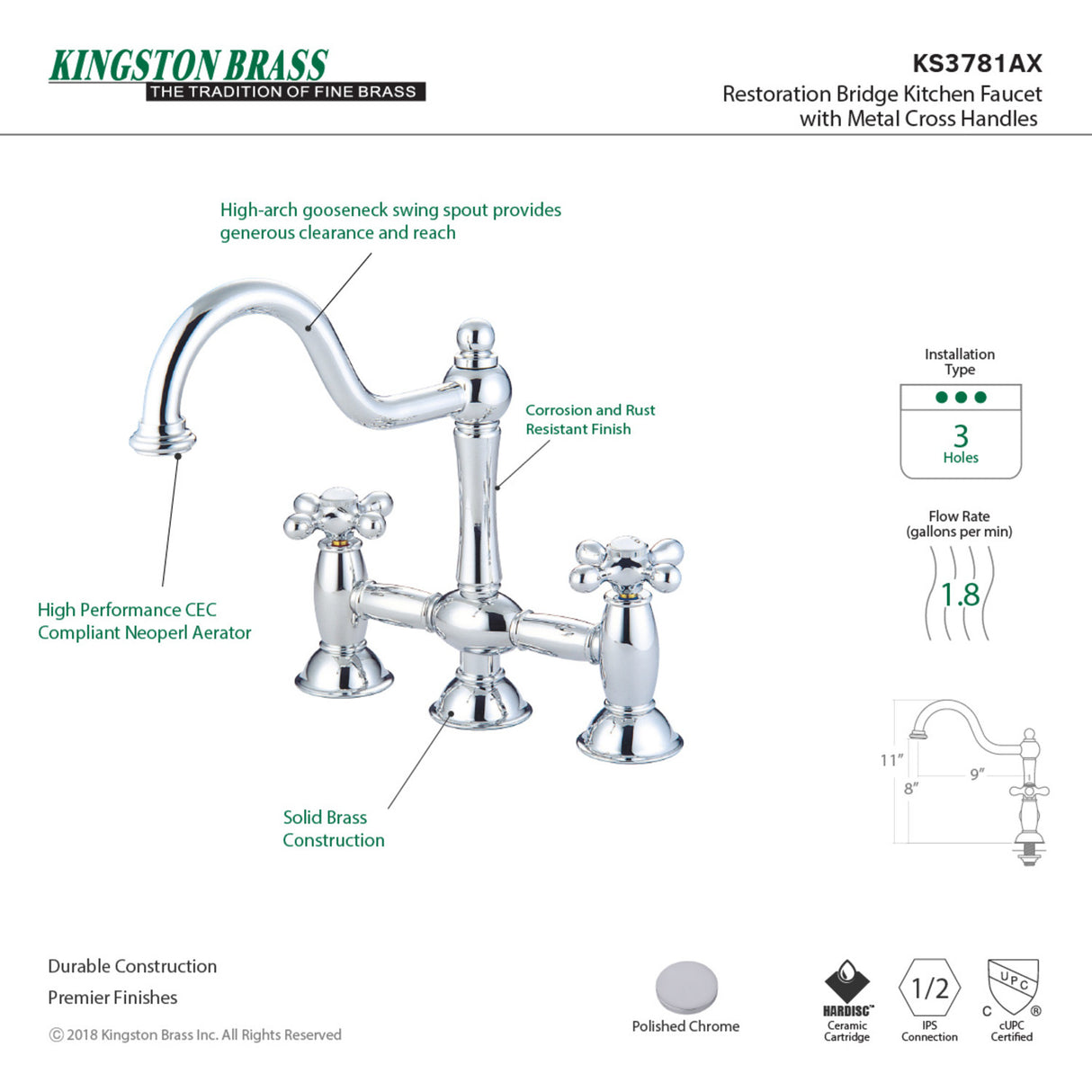 Kingston Brass KS3781AX Restoration Bridge Kitchen Faucet, Polished Chrome