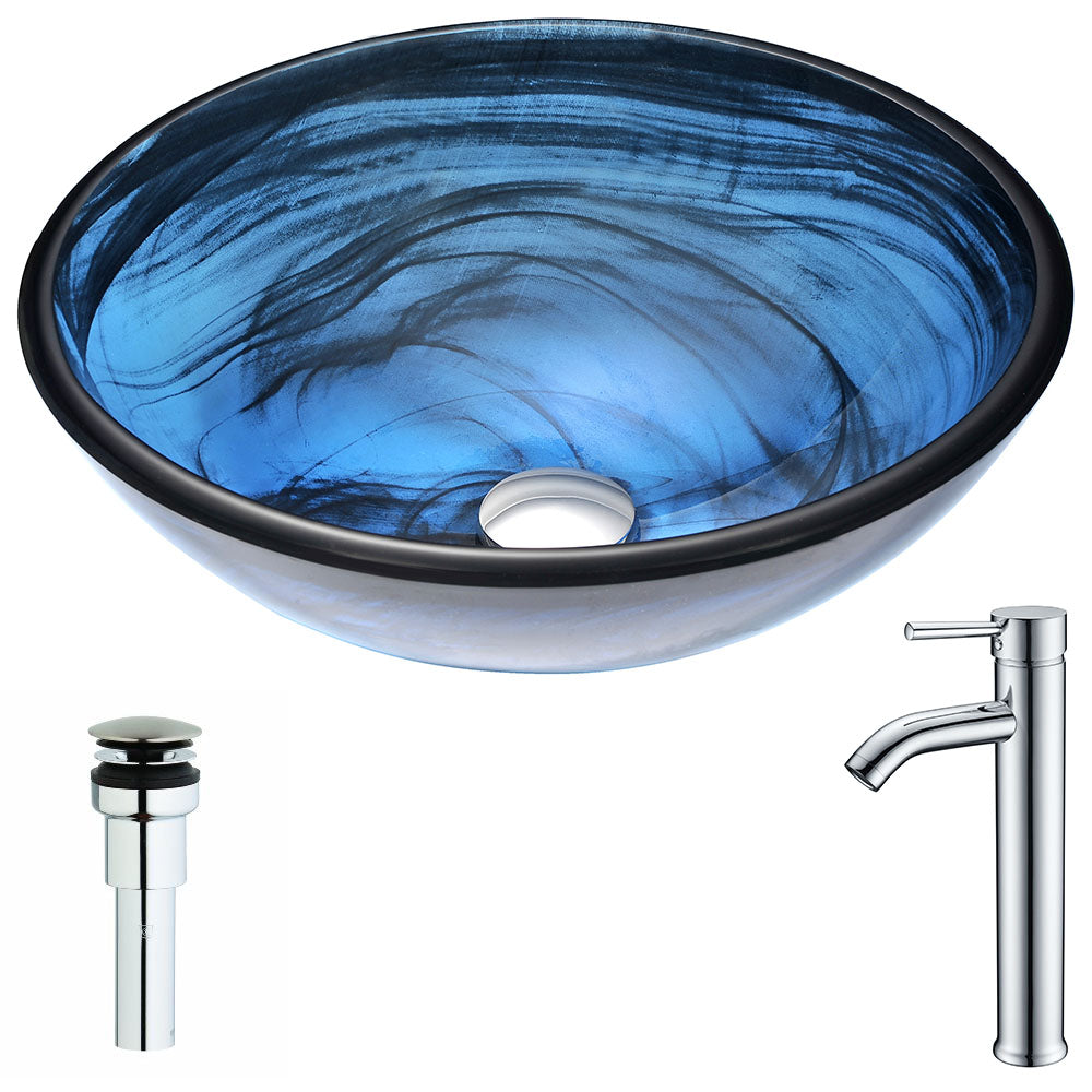 ANZZI LSAZ048-041 Soave Series Deco-Glass Vessel Sink in Sapphire Wisp with Fann Faucet in Chrome