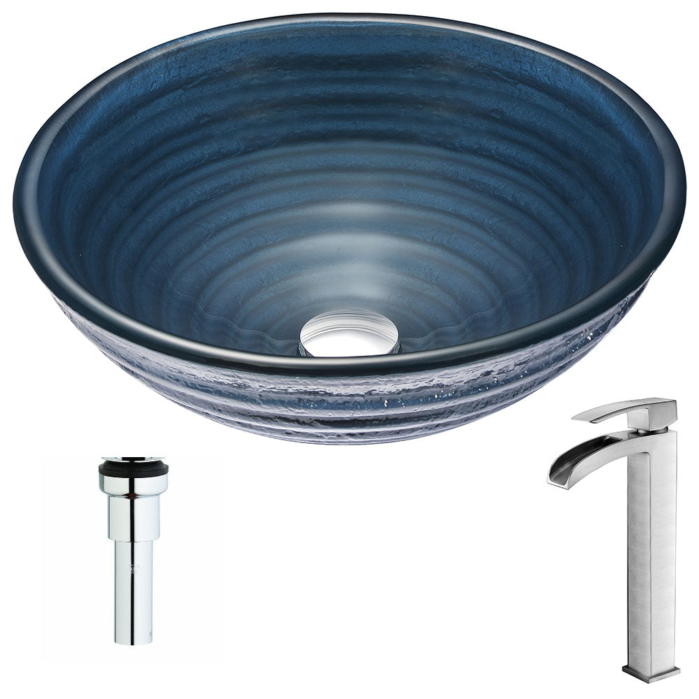 ANZZI LSAZ042-097 Tempo Series Deco-Glass Vessel Sink in Coiled Blue with Key Faucet in Polished Chrome