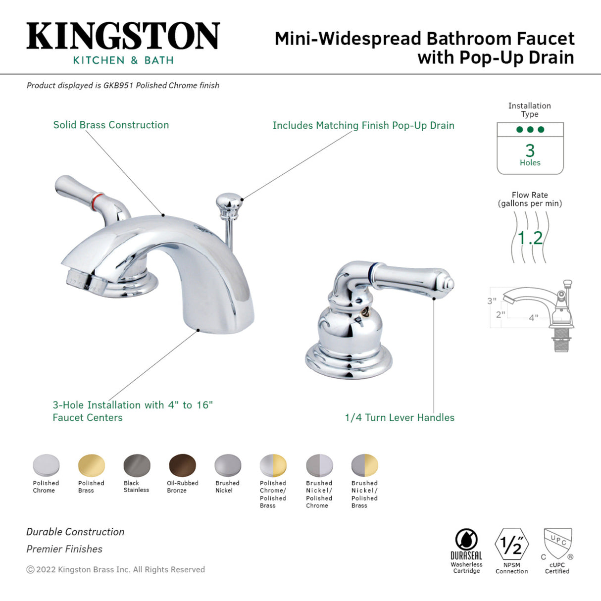 Kingston Brass GKB954 Magellan Mini-Widespread Bathroom Faucet, Polished Chrome/Polished Brass