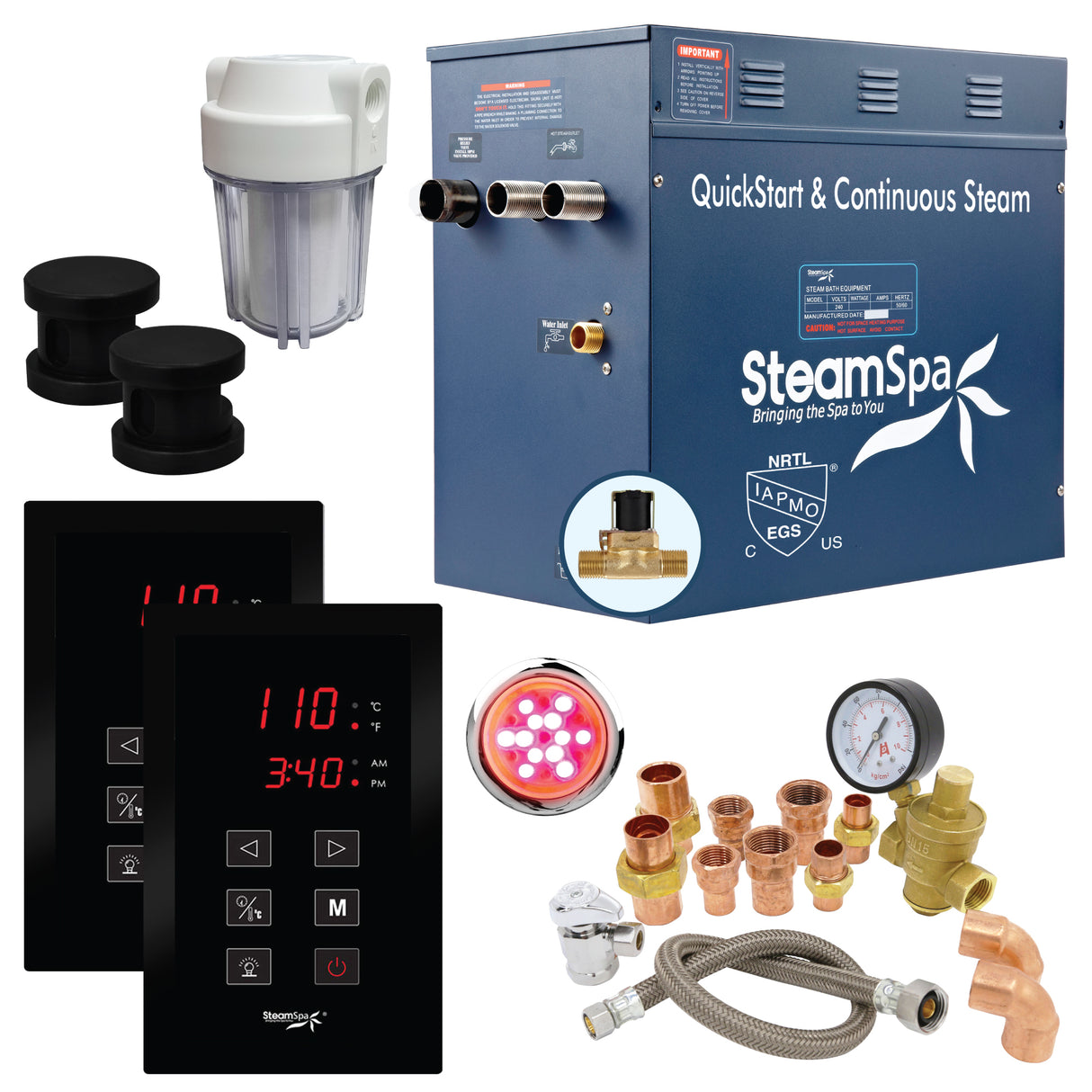SteamSpa Executive 12 KW QuickStart Acu-Steam Bath Generator Package with Built-in Auto Drain and Install Kit in Matte Black | Steam Generator Kit with Dual Control Panel Steamhead 240V | SS-EXT1200MB-A SS-EXT1200MB-A