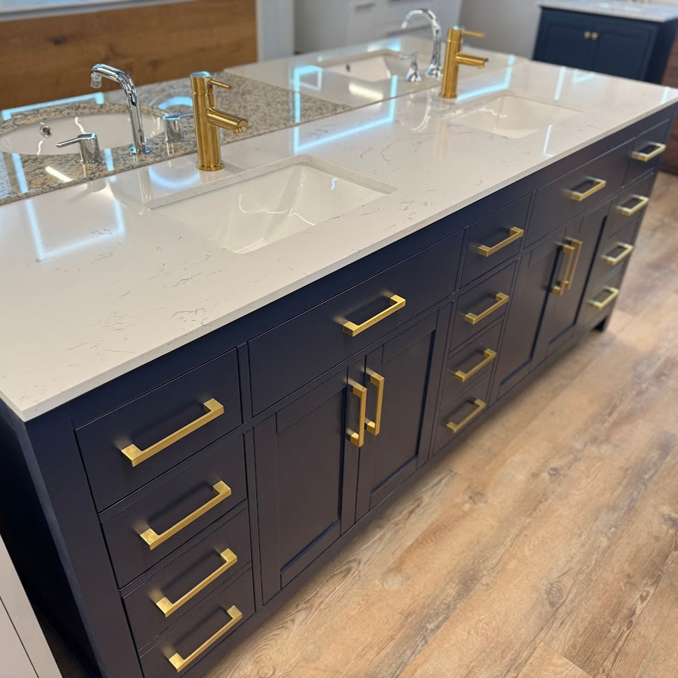 Beckett 84" Inch Double Bathroom Vanity Cultured Marble Countertop Undermount Square Sinks /w Symmons SLS-3512-BBZ-1.5 Dia Single Hole Single-Handle Bathroom Faucet with Drain Assembly in Brushed Bronz