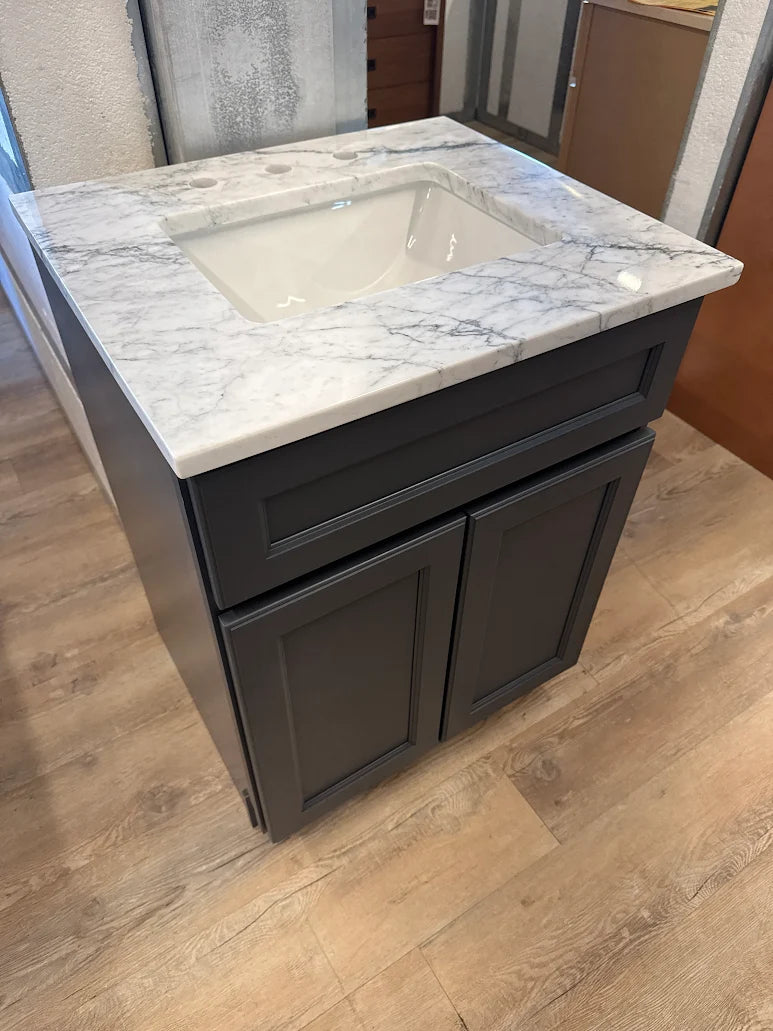 24" Navy Blue Luxury Vanity with White Carrara Marble Top & Undermount Porcelain Sink