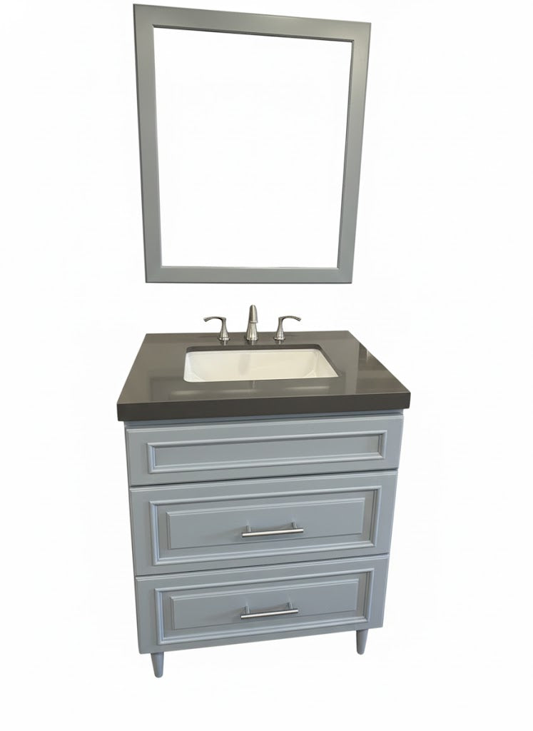 30" Bertch Vanity Set with Grey Fairmont Top and Brushed Nickel Gerber Faucet and Matching Mirror
