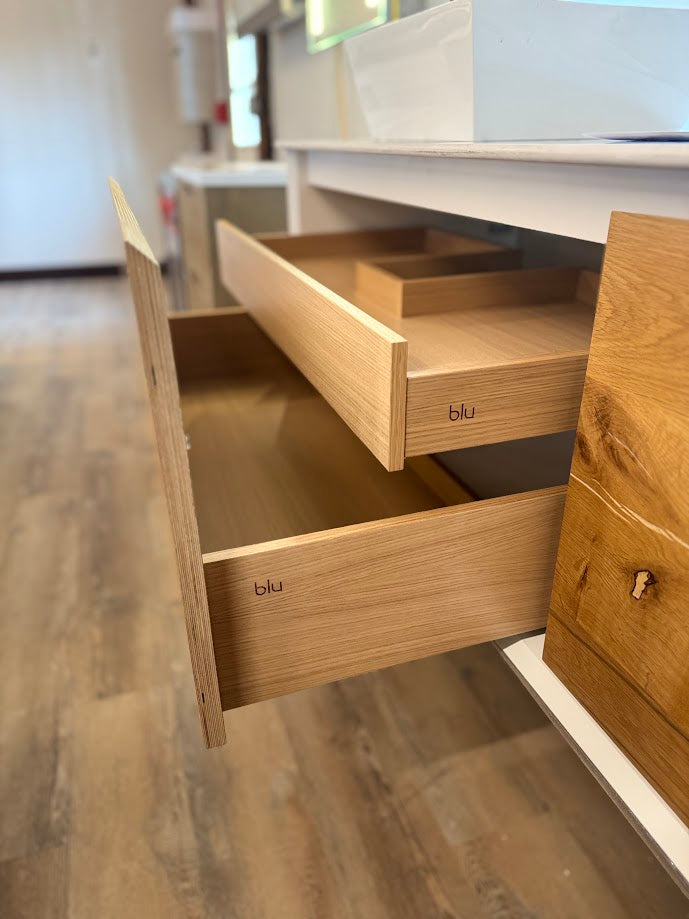 72" Modern Sleek Wall-Mount Vanity Set with White Vanity Top and Two Solid Surface Vessel Sinks