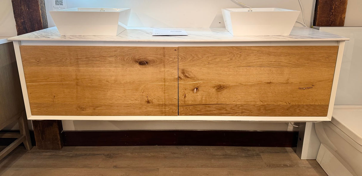 72" Modern Sleek Wall-Mount Vanity Set with White Vanity Top and Two Solid Surface Vessel Sinks