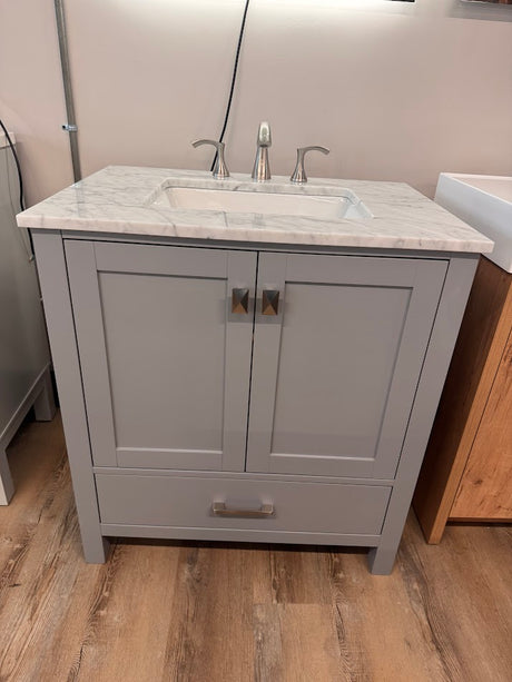 31" Geneva Metal Grey Vanity with White Carrara Marble Counter-Top, Gerber Brushed Nickel Faucet, and *Optional* Lyra LED Mirror