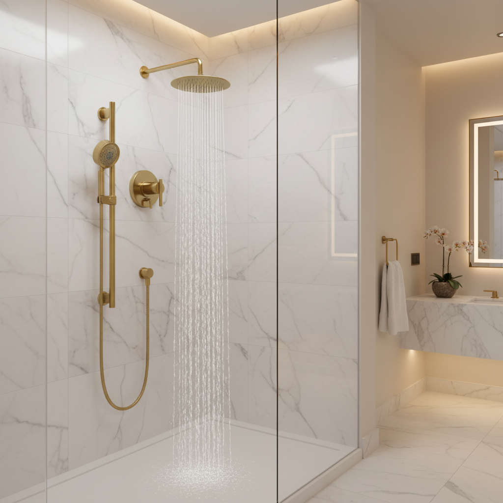 Gerber Parma Pressure Balance Shower Trim with Parma 5 Function Hand Shower and Drench 10" Showerhead and Versa Slide Bar Kit